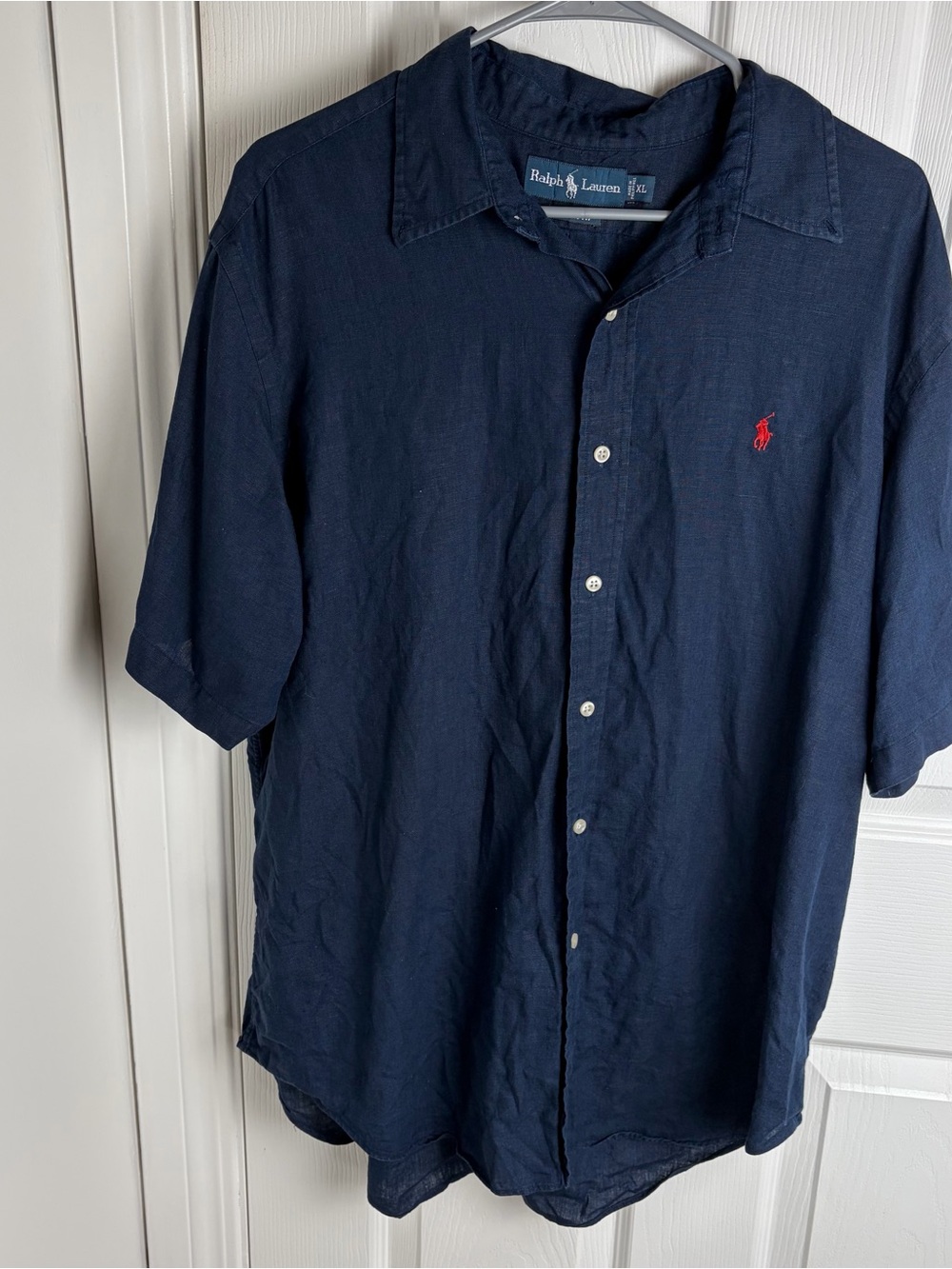 Ralph Lauren Navy Short Sleeve 100% Linen Button-Down with Red Pony